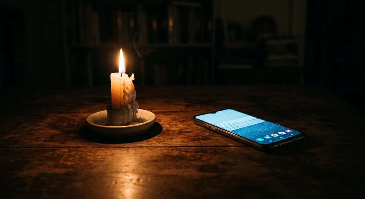 A single candle burning beside a glowing smartphone screen, symbolizing the choice between trusting God and depending on AI